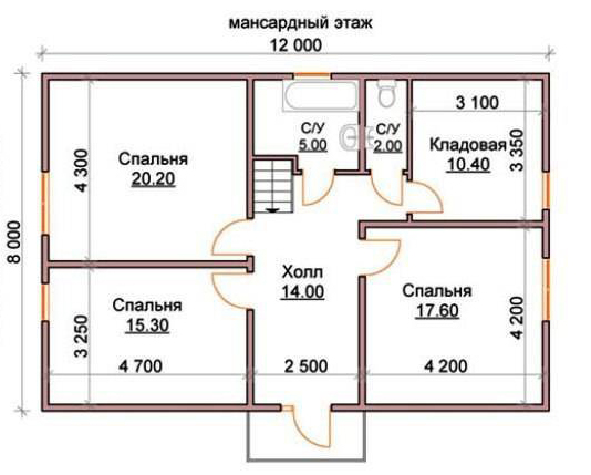 Планування внутрішніх приміщень першого поверху будинку 12 х 8 м